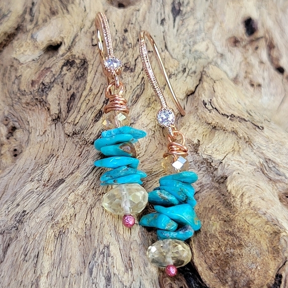 💥LAST PAIR💥Genuine Turquoise Citrine Rosegold Drop Earrings - Picture 4 of 8
